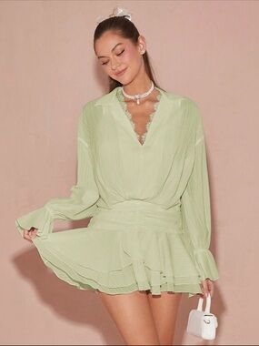 ENCHNT Pastel Green Lace-Trim Pleated Mini Dress